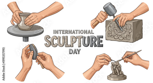Celebrating International Sculpture Day with a vector illustration showcasing hands creating fine arts sculpture from clay and stone, using traditional carving tools against a clean white