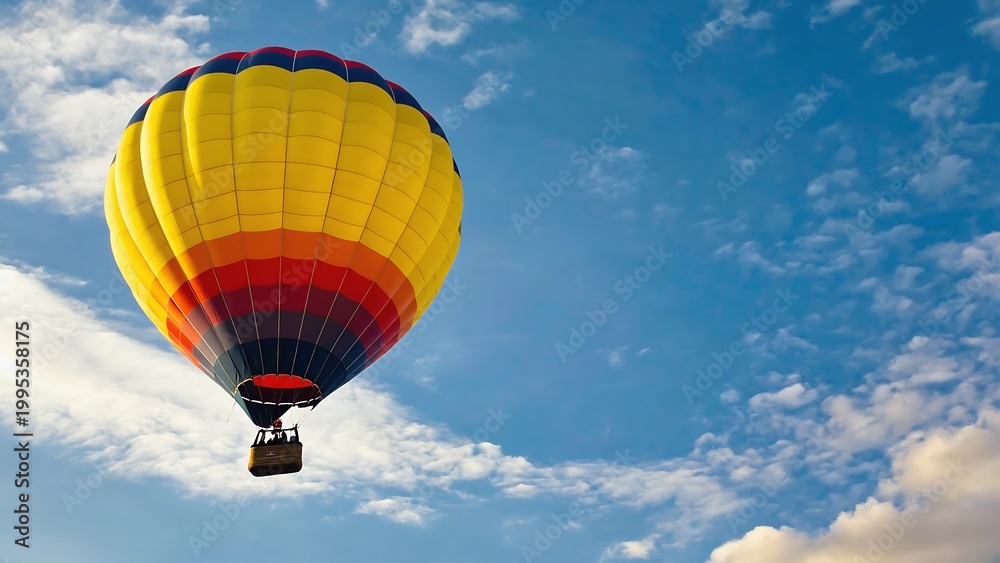 Obraz premium A vibrant hot air balloon soars through a picturesque sky filled with fluffy clouds, creating a serene and uplifting scene.