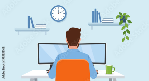 Illustration of a man sitting at a desk working on a computer with dual monitors in a light blue office