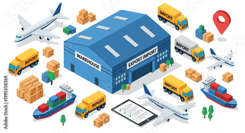 Isometric illustration of a logistics hub with various transportation modes and packages on a clean white background.