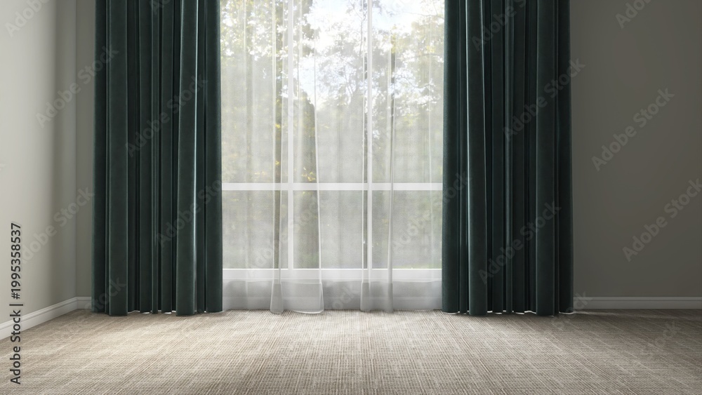 Fototapeta premium Large white window with sheer fabric, teal green blackout curtain with tree garden view in clean empty room with sunlight on beige carpet floor