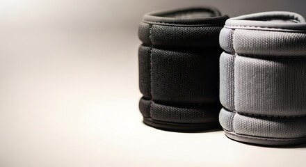 Closeup of black and gray horse leg wraps on white surface