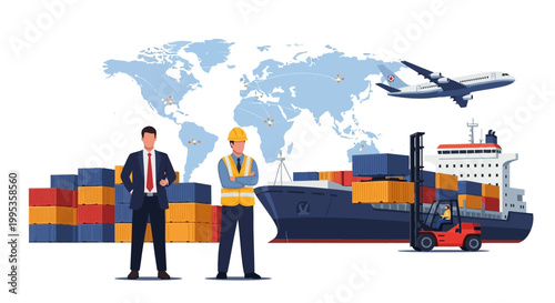 Illustration of a businessman and worker standing beside cargo containers and a ship with a plane flying overhead against a world map background