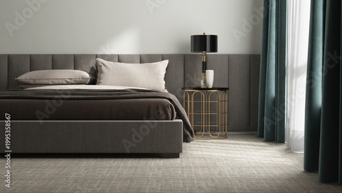 Photos Elegant, modern and luxury bedroom with gray bed, brown blanket, bedside table w