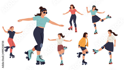 Set of illustrations featuring young women in different outfits enjoying roller skating with various poses and movements.