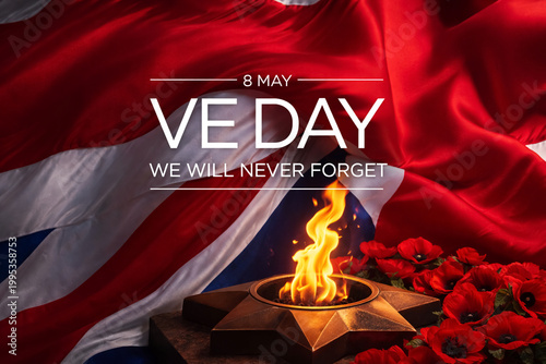 Eternal flame burning brightly beside a cluster of red poppies against the fabric of a national flag during the solemn observation of this important historic victory memorial.