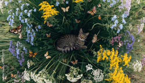 A dreamy top-down perspective from above, looking down at the ground, surrounded by wildflowers and tall grass forming a circular composition. 