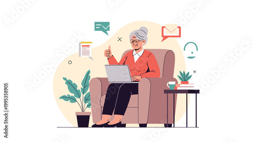 Elderly woman sitting in a cozy armchair and using a laptop with communication and work icons around her at home.