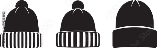 Simple black beanie hat icon for winter cold weather accessories and fashion silhouette. Black beanie hat icon vector illustration.