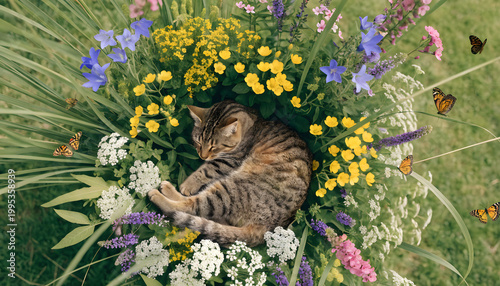 A dreamy top-down perspective from above, looking down at the ground, surrounded by wildflowers and tall grass forming a circular composition. 