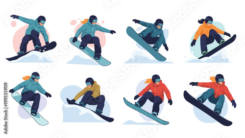 Collection of snowboarders in action performing jumps and tricks, various poses of winter sports athletes on mountain slopes isolated.