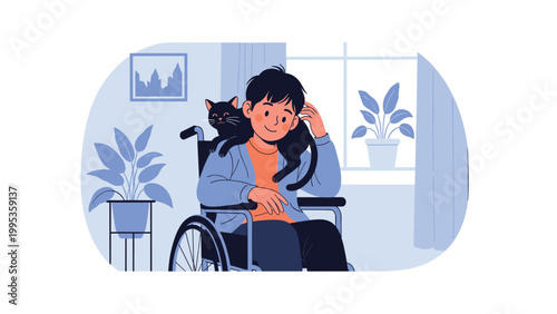 Boy sitting in a wheelchair with a friendly black cat on his shoulder, home scene of a person with disability and their pet companion.