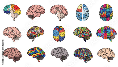 Different human brain illustrations showing creative and logical functions, grid of cerebral anatomy with puzzles and colorful textures.