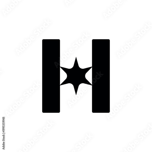 Minimal H Letter Logo With Central Starburst Icon, Abstract Monochrome Branding Symbol