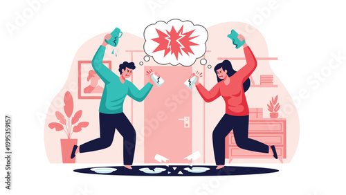 Angry couple arguing and throwing kitchen plates at each other, man and woman in a heated domestic conflict with broken dishes on floor.