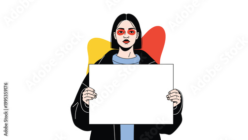 Young woman holding a large blank white sign for message or protest, female character wearing black jacket and red eye makeup look.
