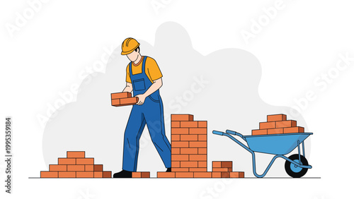 Professional mason construction worker building a brick wall, manual laborer in hard hat and blue overalls with a blue wheelbarrow.