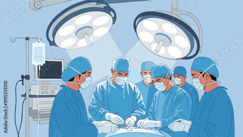 Surgical team of doctors performing a complex operation in hospital, medical staff in blue scrubs working under theater lights in surgery.