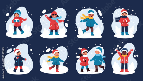 Diverse group of happy children playing in the snow during winter, kids wearing warm hats and coats having fun in a snowy landscape park.