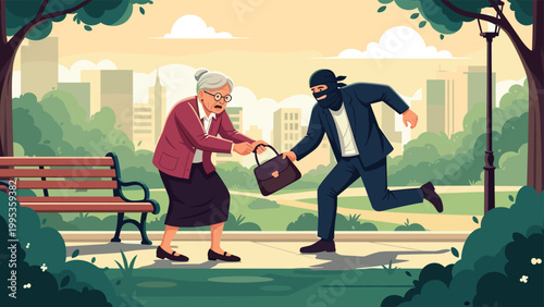 Criminal thief stealing a purse from an elderly woman in city park, crime scene showing a mugger running away from a victim outdoors.