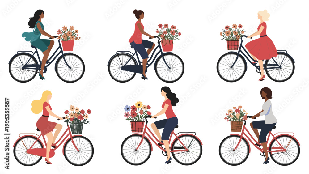 Naklejka premium Collection of diverse women riding bicycles with baskets full of blooming flowers, isolated on white background in flat vector illustration style.