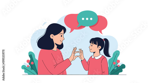 Caring mother and her young daughter communicating through sign language with speech bubbles above them representing a meaningful conversation.