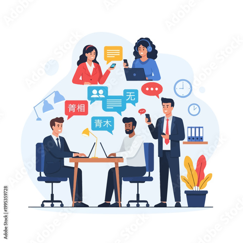 Flat vector illustration of diverse business professionals using laptops and smartphones with multilingual speech bubbles for global cross-cultural communication and teamwork.