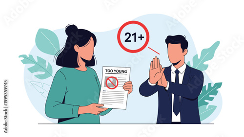 Female character showing a document to a professional man who makes a stop gesture with his hand near a red 21 plus age restriction sign, flat vector.
