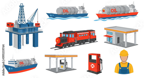 Flat lay illustration of various industrial transportation vehicles and infrastructure