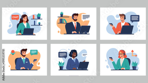 Collection of diverse customer service representatives wearing headsets and working at their desks with laptops in a modern call center environment.