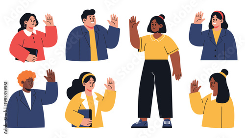 Large group of diverse people in casual and professional clothing waving their hands in a friendly greeting gesture, set of flat vector characters.