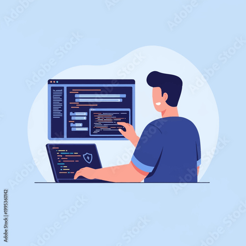 Vector illustration of a male software engineer analyzing computer code on multiple screens including a laptop with a shield icon and a floating monitor with programming scripts.