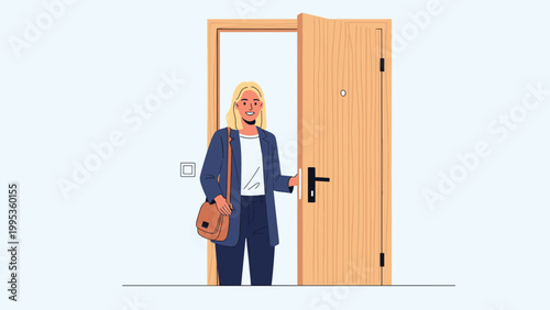 Cheerful young woman with a brown shoulder bag opening a wooden front door and entering her apartment or office, flat vector illustration on white.