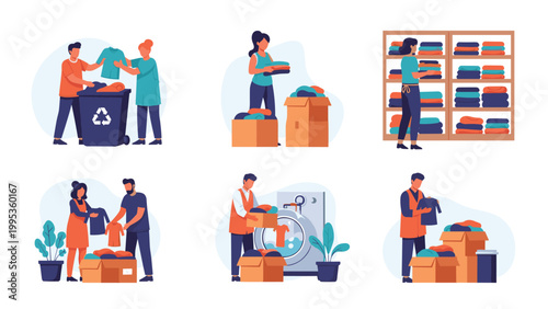 Comprehensive set of people doing laundry, sorting clothes into recycling bins, and organizing them on shelves, housekeeping and cleaning concept.