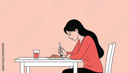 Sad young woman sitting alone at a small white table and staring down at her plate of food with a melancholic expression, loneliness concept, vector.