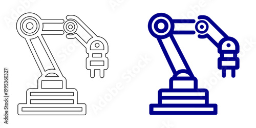 Minimalist Robotic Arm Vector Icon in Navy Blue Solid and Thin Line Style for Industrial Automation Manufacturing Smart Factory Mechanical Engineering and Technology Innovation Illustration