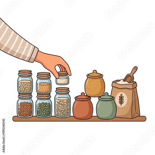 Compact sustainable kitchen countertop with stacked glass jars ceramic canisters and pantry staples in cartoon flat vector style isolated on white background