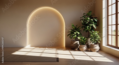 A serene room with a glowing archway and potted plants by the window