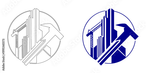 Minimalist Construction Logo Vector Icon with Buildings Hammer and Crane in Navy Blue Solid and Thin Line Style for Real Estate Architecture Development and Industrial Branding Illustration