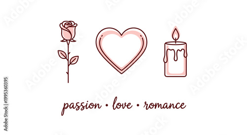 Elegant icon set rose heart candle in minimalist line art style