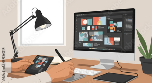 Flat vector illustration of a graphic designer working at a desk with a desktop computer showing creative software, graphics tablet, stylus, desk lamp, and plant in a home office.