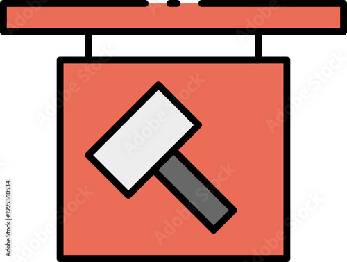 A vibrant graphic illustration of a hanging sign displaying a hammer, perfect for digital asset use in construction, repair, or craftsmanship-related design projects