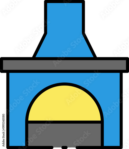 A simple illustration of a blue and yellow oven with a chimney, suitable for cooking and baking