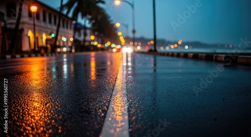 Wet Road Reflecting City Lights at Night After Rain.