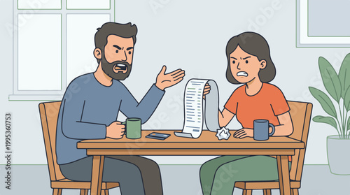 Upset Couple Arguing over Expensive Bills and Long Receipt at Home