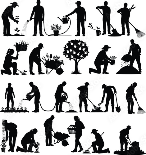Black silhouettes of people gardening planting watering and working in garden with gardening
