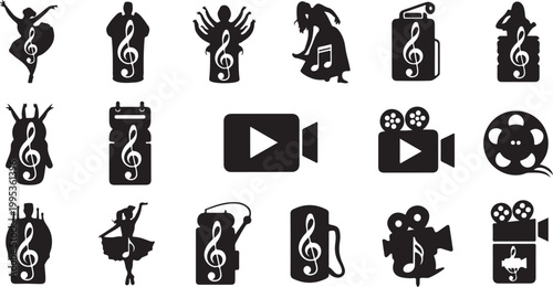 Music and Film Icon Symbols in Black Color
