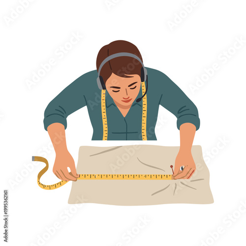 A woman measures fabric with a tape measure while wearing headphones.