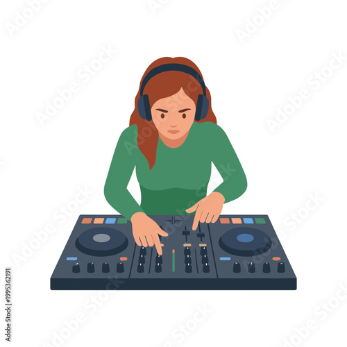 A woman wearing headphones operates a DJ controller.