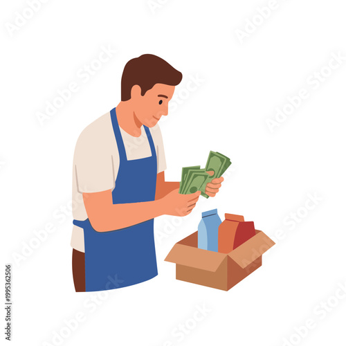 Man in blue apron counting money from cardboard box in store